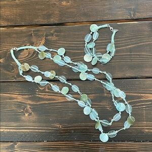 J. Jill Aqua Olive Stone and Natural Shell Double Strand Necklace &Bracelet